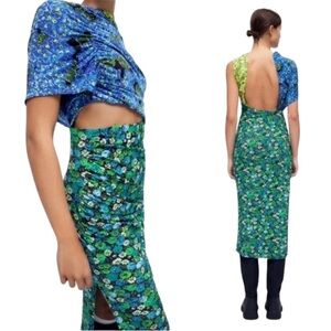 Zara blue green floral cut out dress